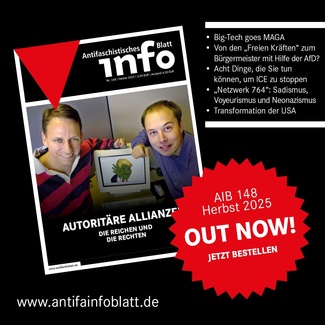 Werbeanzeige für das AIB 148: Thiel und Musk lächeln, auf dem Bildschirm zwischen ihnen ist Trump als Frosch Meme zu sehen.