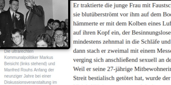 Markus Beisicht (mittig stehend mit Brille) und Manfred Rouhs (stehend rechts mit Brille) Anfang der neunziger Jahre bei einer Diskussionsveranstaltung im Kölner Gürzenich. Sitzend davor der ehemalige „Deutsche Liga“-Unterstützer Ulrich Klöries.