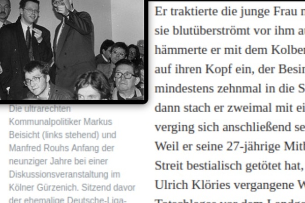 Markus Beisicht (mittig stehend mit Brille) und Manfred Rouhs (stehend rechts mit Brille) Anfang der neunziger Jahre bei einer Diskussionsveranstaltung im Kölner Gürzenich. Sitzend davor der ehemalige „Deutsche Liga“-Unterstützer Ulrich Klöries.
