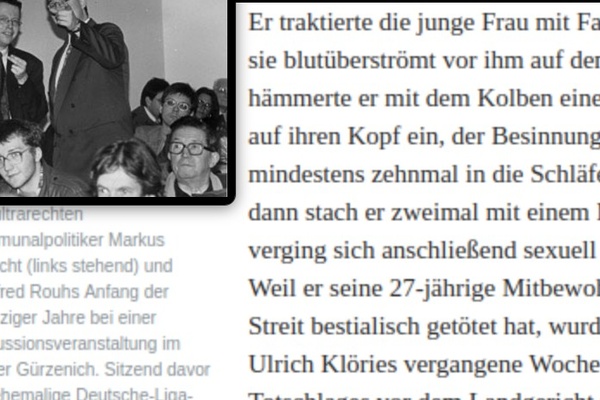Markus Beisicht (mittig stehend mit Brille) und Manfred Rouhs (stehend rechts mit Brille) Anfang der neunziger Jahre bei einer Diskussionsveranstaltung im Kölner Gürzenich. Sitzend davor der ehemalige „Deutsche Liga“-Unterstützer Ulrich Klöries.